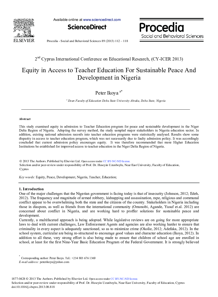 Equity in Access to Teacher Education for Sustainable Peace and Development in Nigeria 