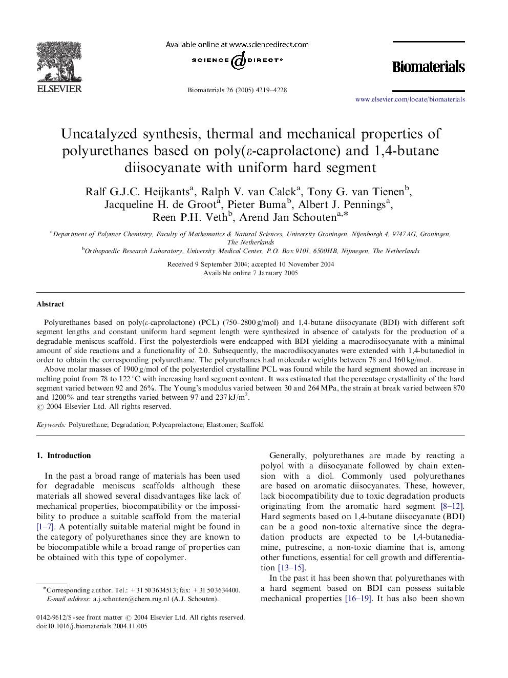 Uncatalyzed synthesis, thermal and mechanical properties of polyurethanes based on poly(εε-caprolactone) and 1,4-butane diisocyanate with uniform hard segment