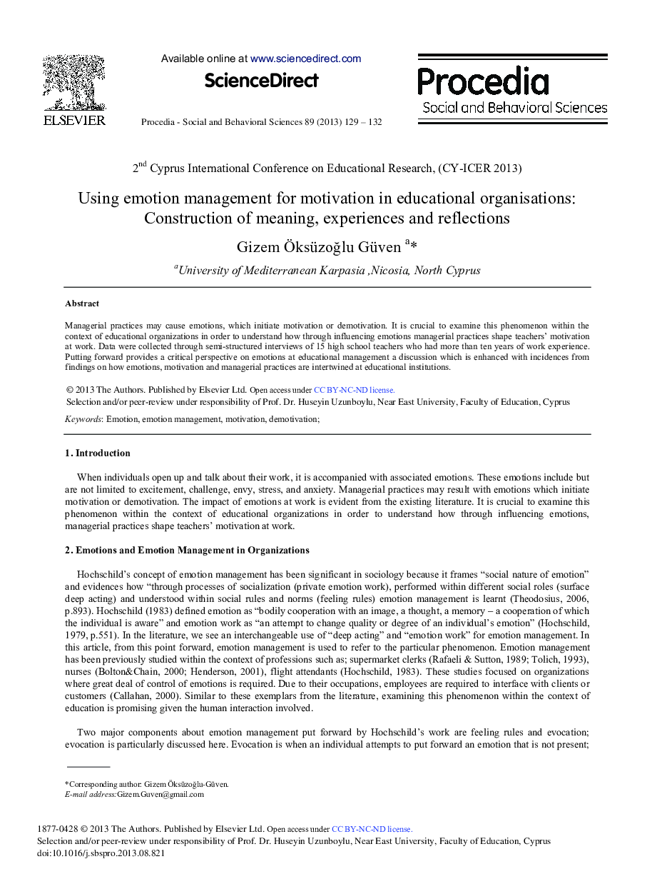 Using Emotion Management for Motivation in Educational Organisations: Construction of Meaning, Experiences and Reflections 