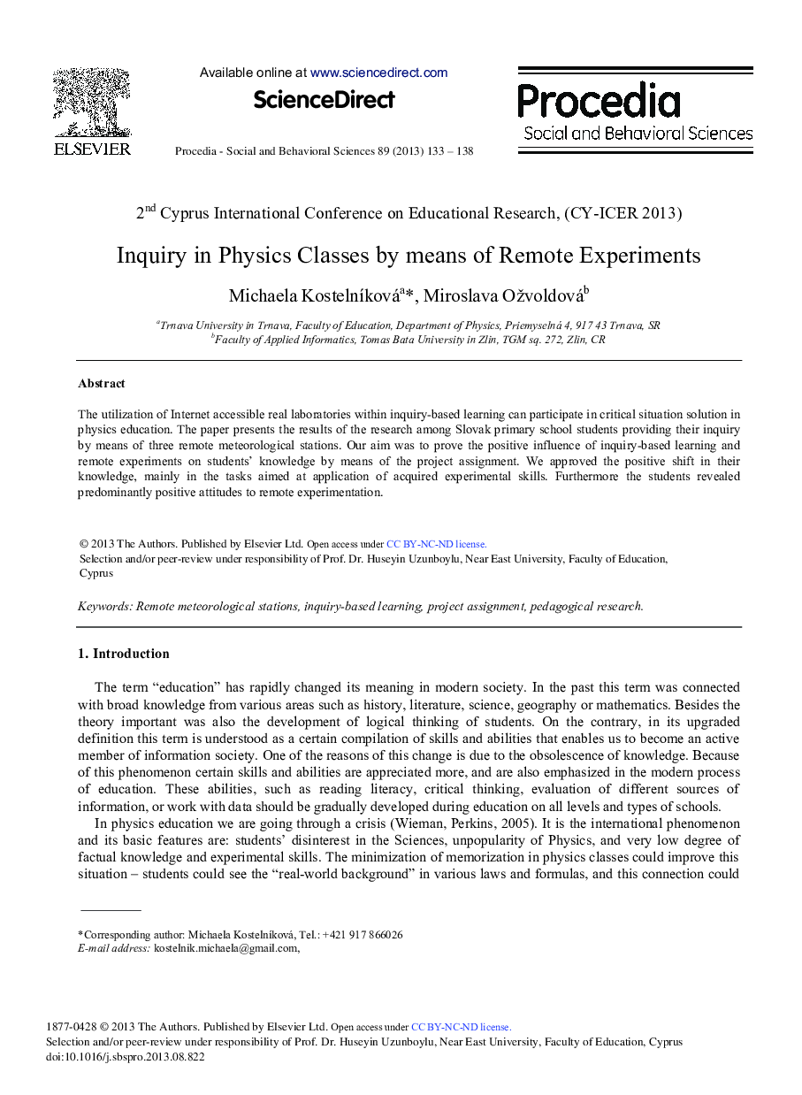 Inquiry in Physics Classes by Means of Remote Experiments 