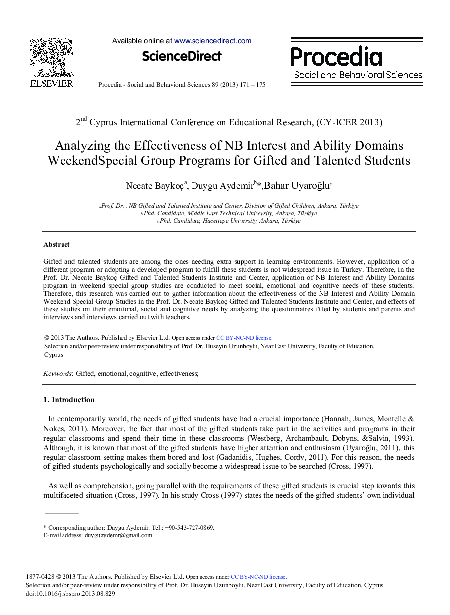 Analyzing the Effectiveness of NB Interest and Ability Domains WeekendSpecial Group Programs for Gifted and Talented Students ?