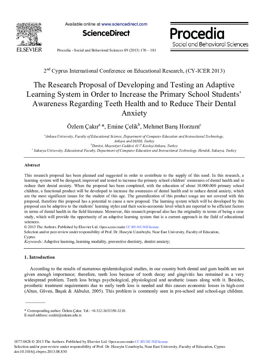 The Research Proposal of Developing and Testing an Adaptive Learning System in Order to Increase the Primary School Students’ Awareness Regarding Teeth Health and to Reduce their Dental Anxiety 