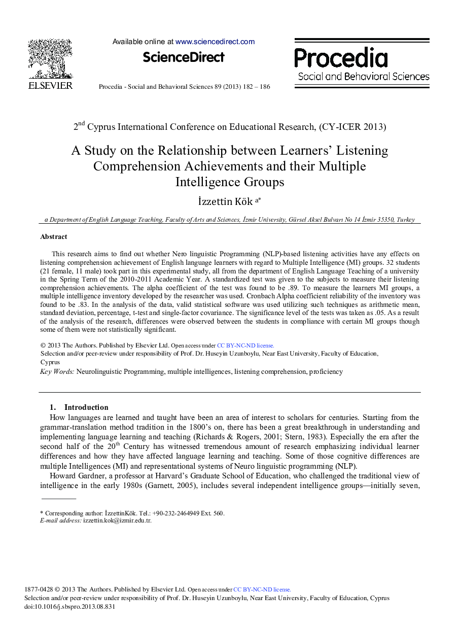 A Study on the Relationship between Learners’ Listening Comprehension Achievements and their Multiple Intelligence Groups 