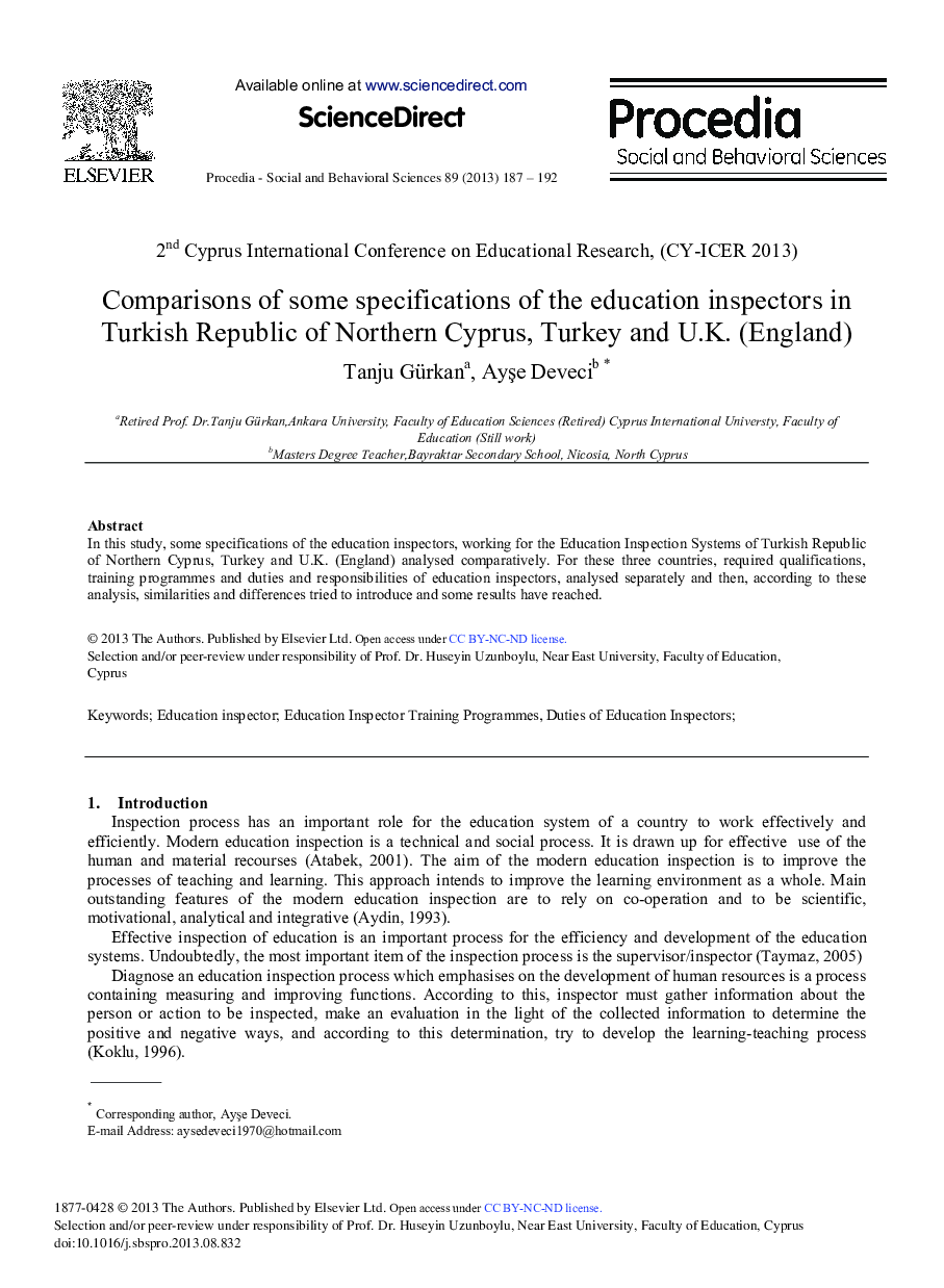 Comparisons of Some Specifications of the Education Inspectors in Turkish Republic of Northern Cyprus, Turkey and U.K. (England) 