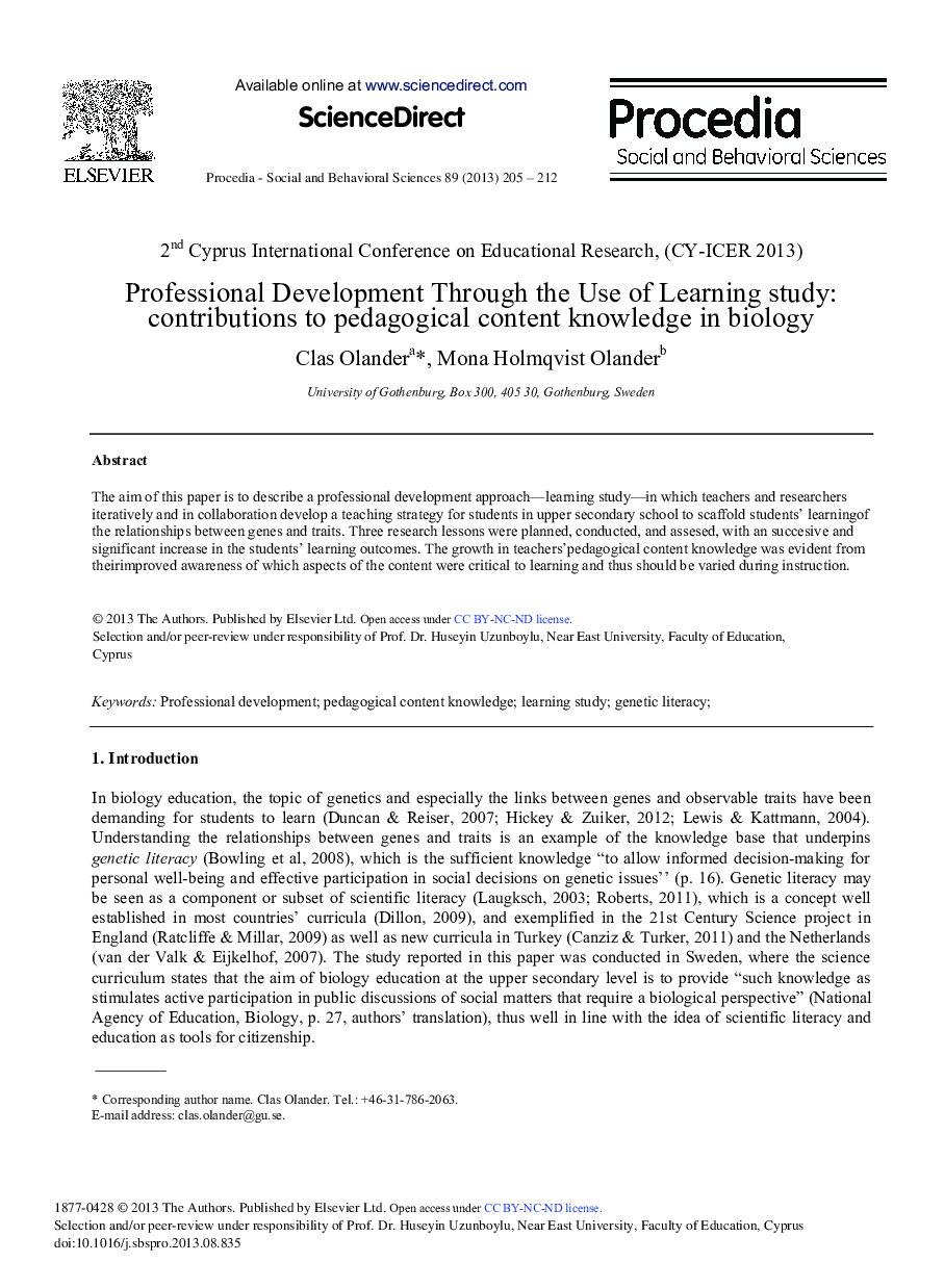 Professional Development through the Use of Learning Study: Contributions to Pedagogical Content Knowledge in Biology 