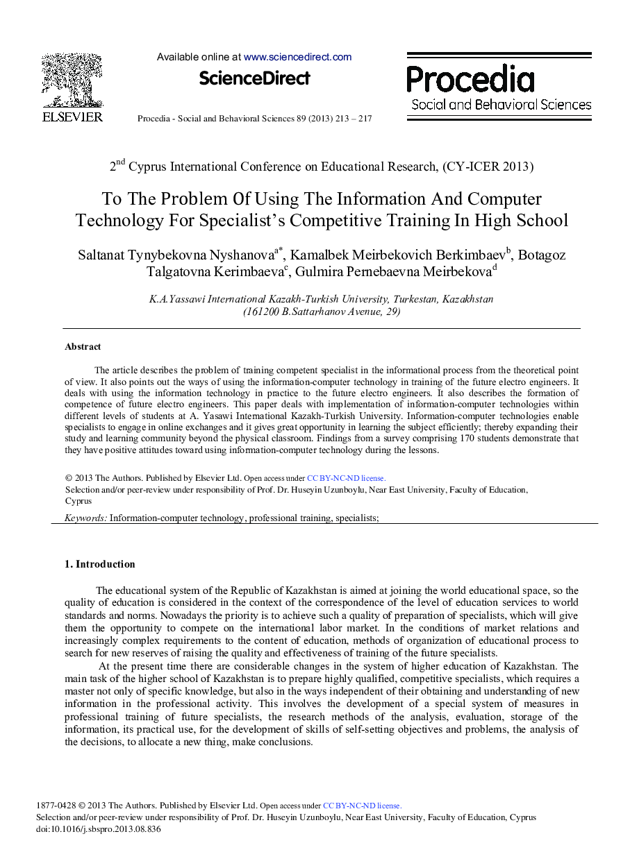 To the Problem of Using the Information and Computer Technology for Specialist's Competitive Training in High School