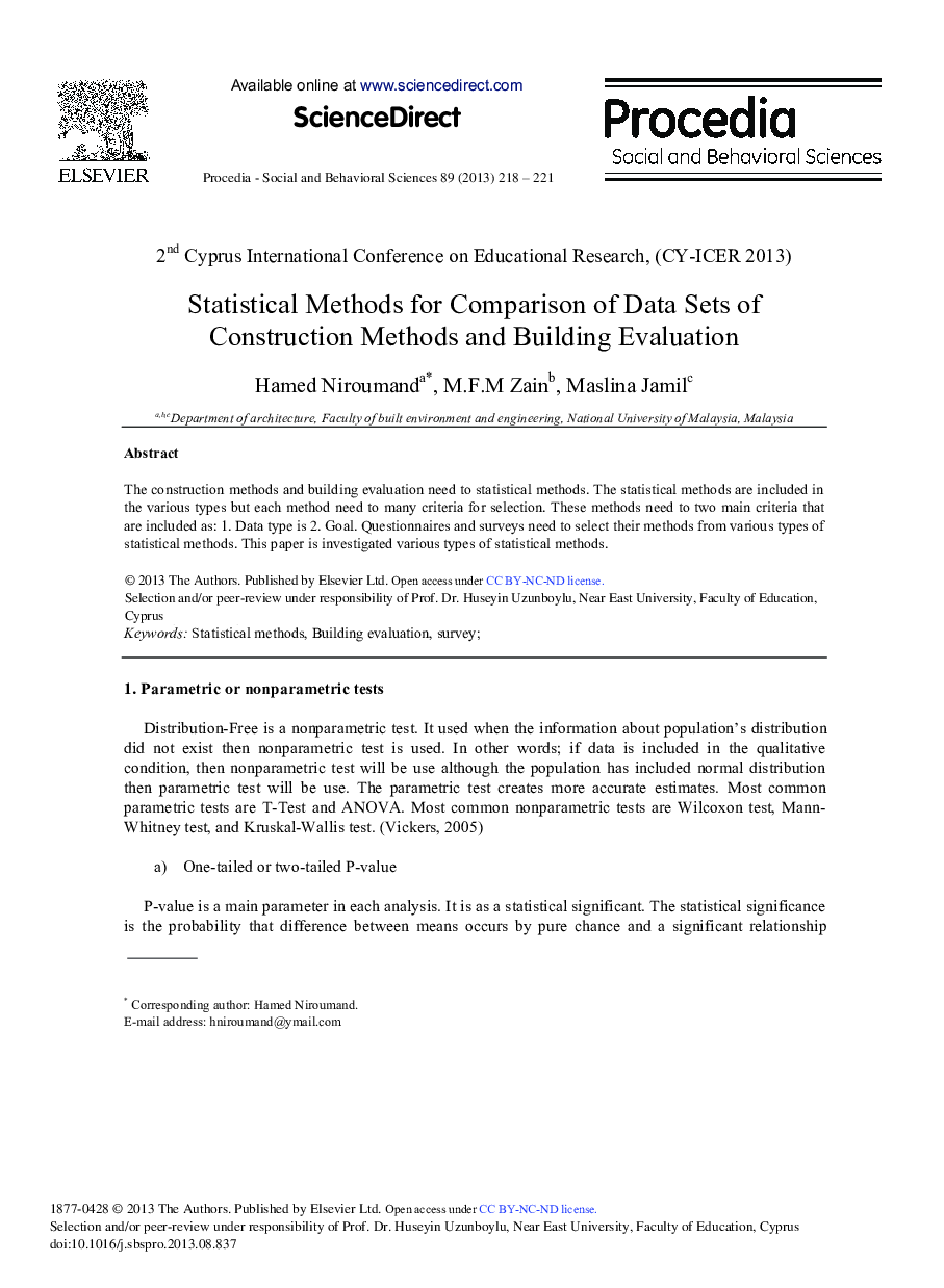 Statistical Methods for Comparison of Data Sets of Construction Methods and Building Evaluation 