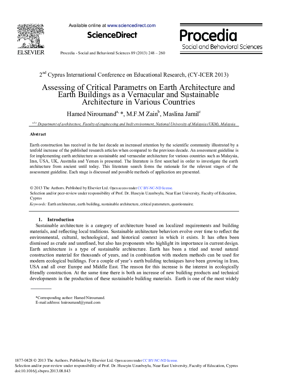 Assessing of Critical Parametrs on Earth Architecture and Earth Buildings as a Vernacular and Sustainable Architecture in Various Countries 