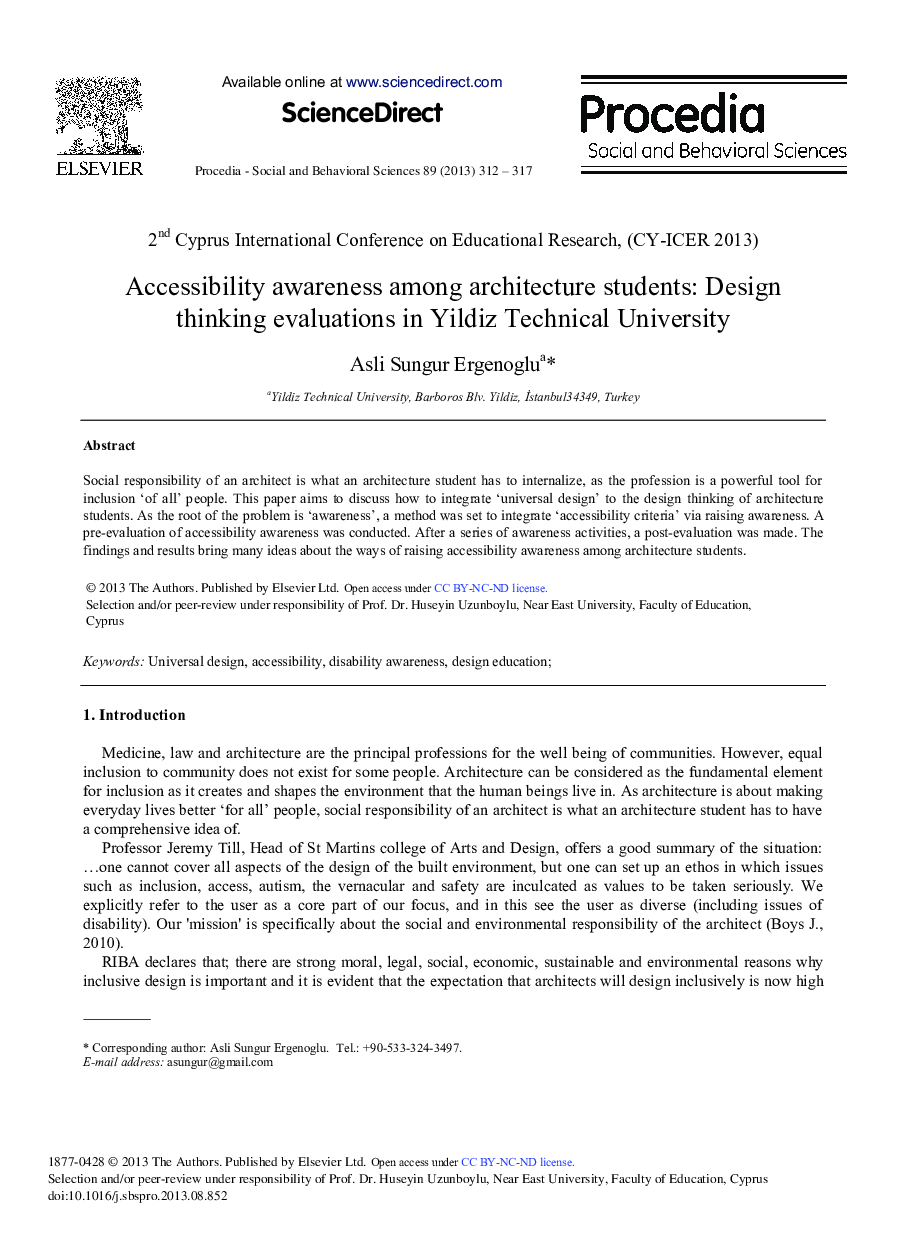 Accessibility Awareness among Architecture Students: Design Thinking Evaluations in Yildiz Technical University 