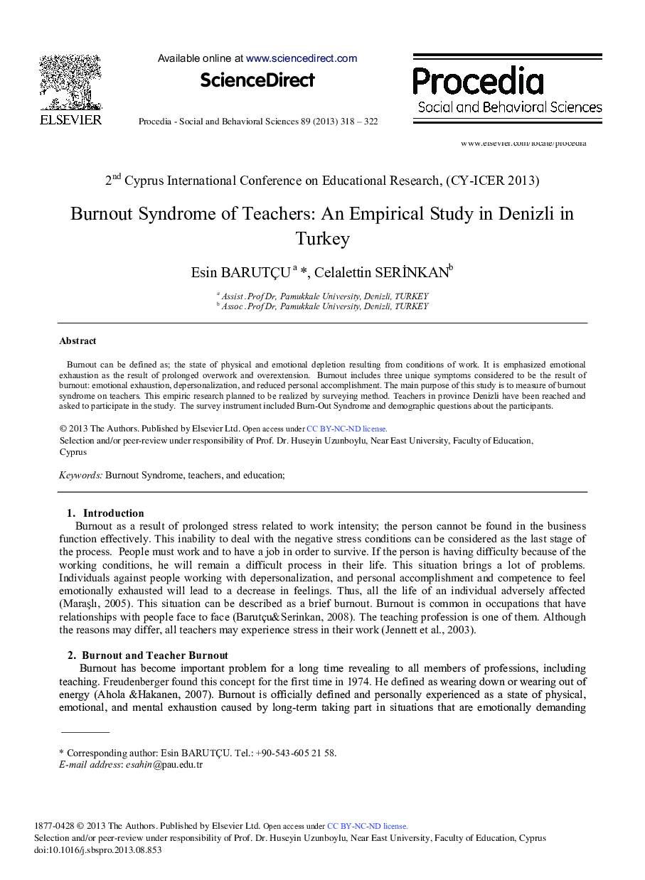 Burnout Syndrome of Teachers: An Empirical Study in Denizli in Turkey 