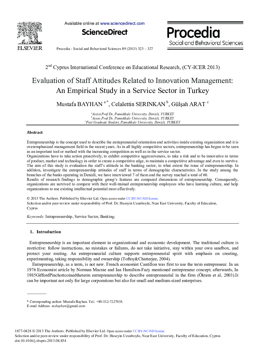 Evaluation of Staff Attitudes Related to Innovation Management: An Empirical Study in a Service Sector in Turkey 