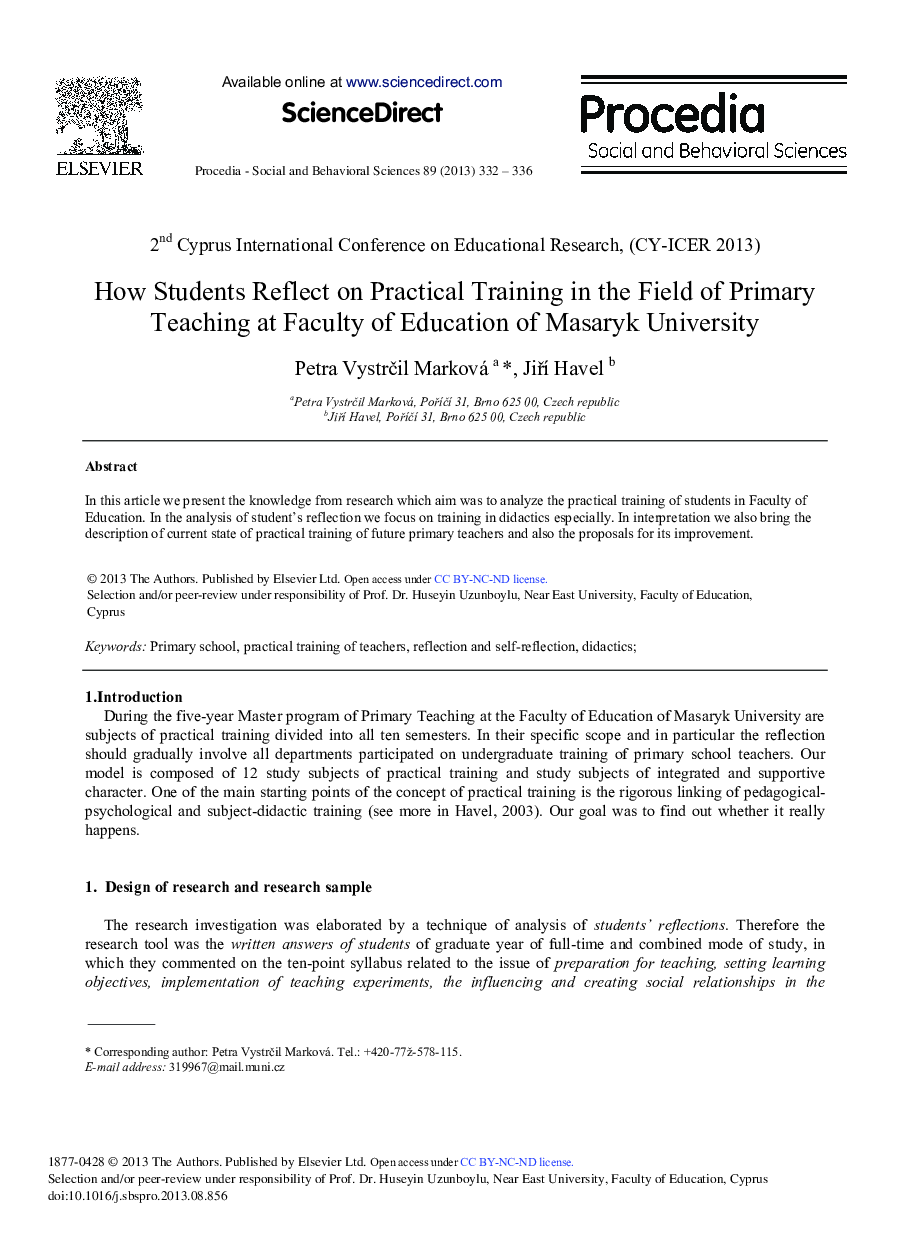 How Students Reflect on Practical Training in the Field of Primary Teaching at Faculty of Education of Masaryk University 