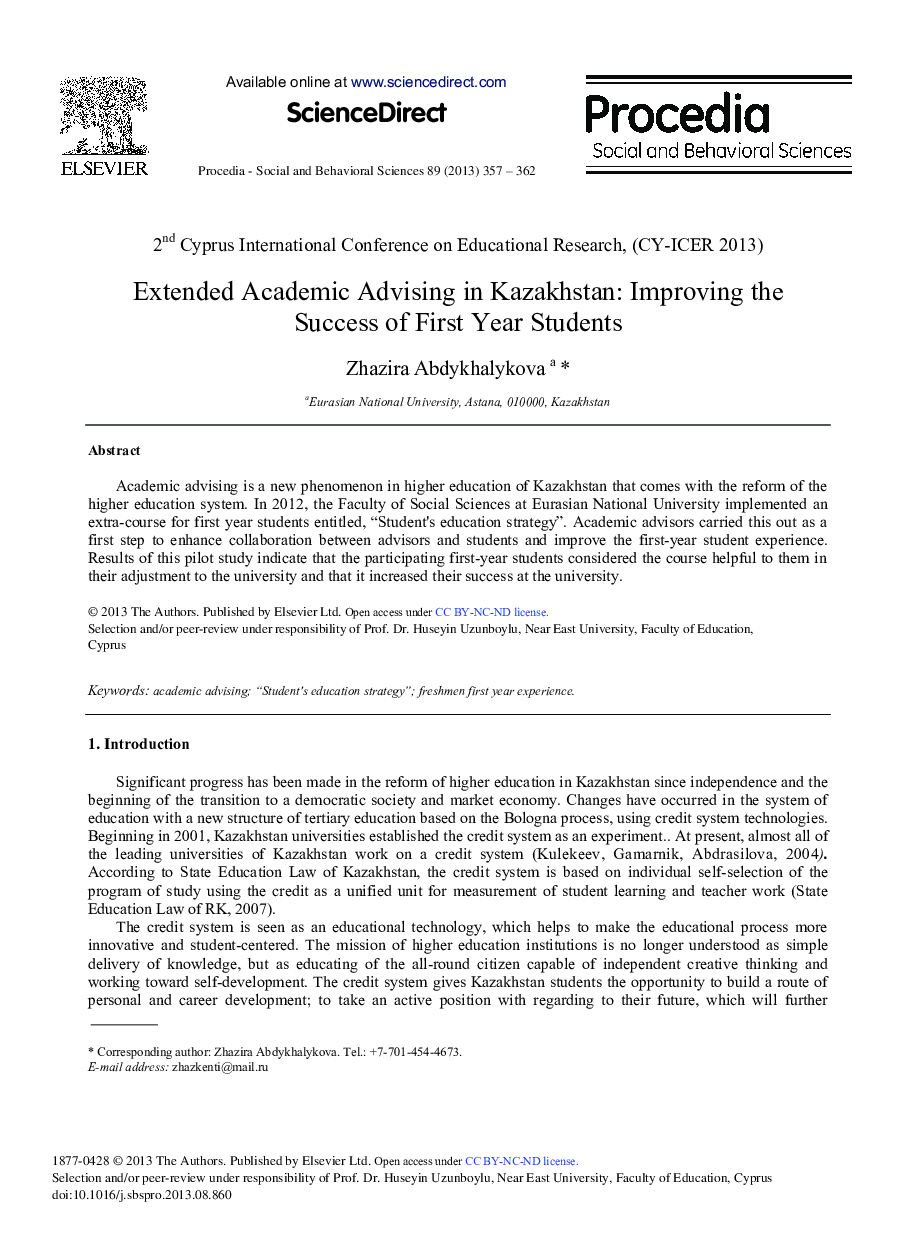 Extended Academic Advising in Kazakhstan: Improving the Success of First Year Students 