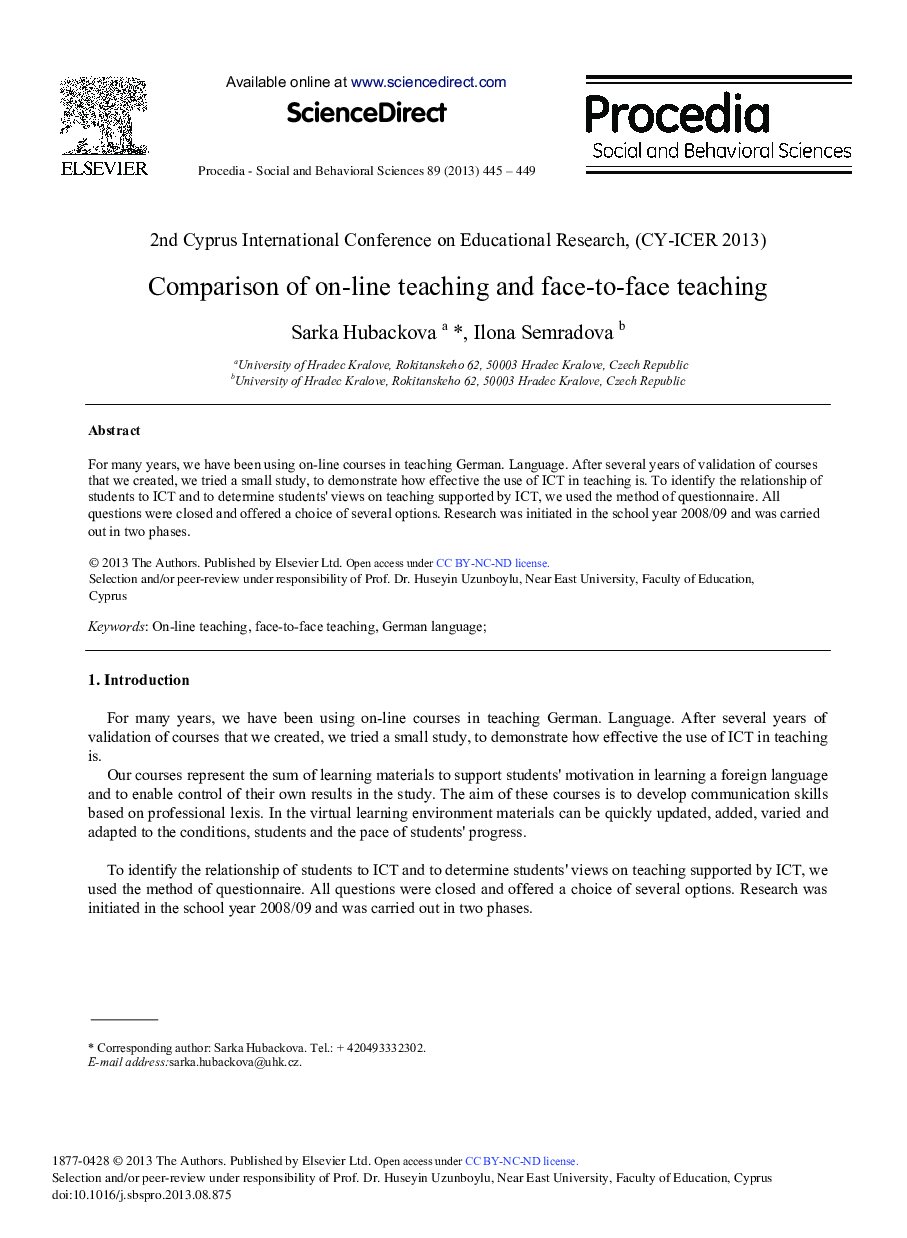 Comparison of on-line Teaching and Face-to-face Teaching 