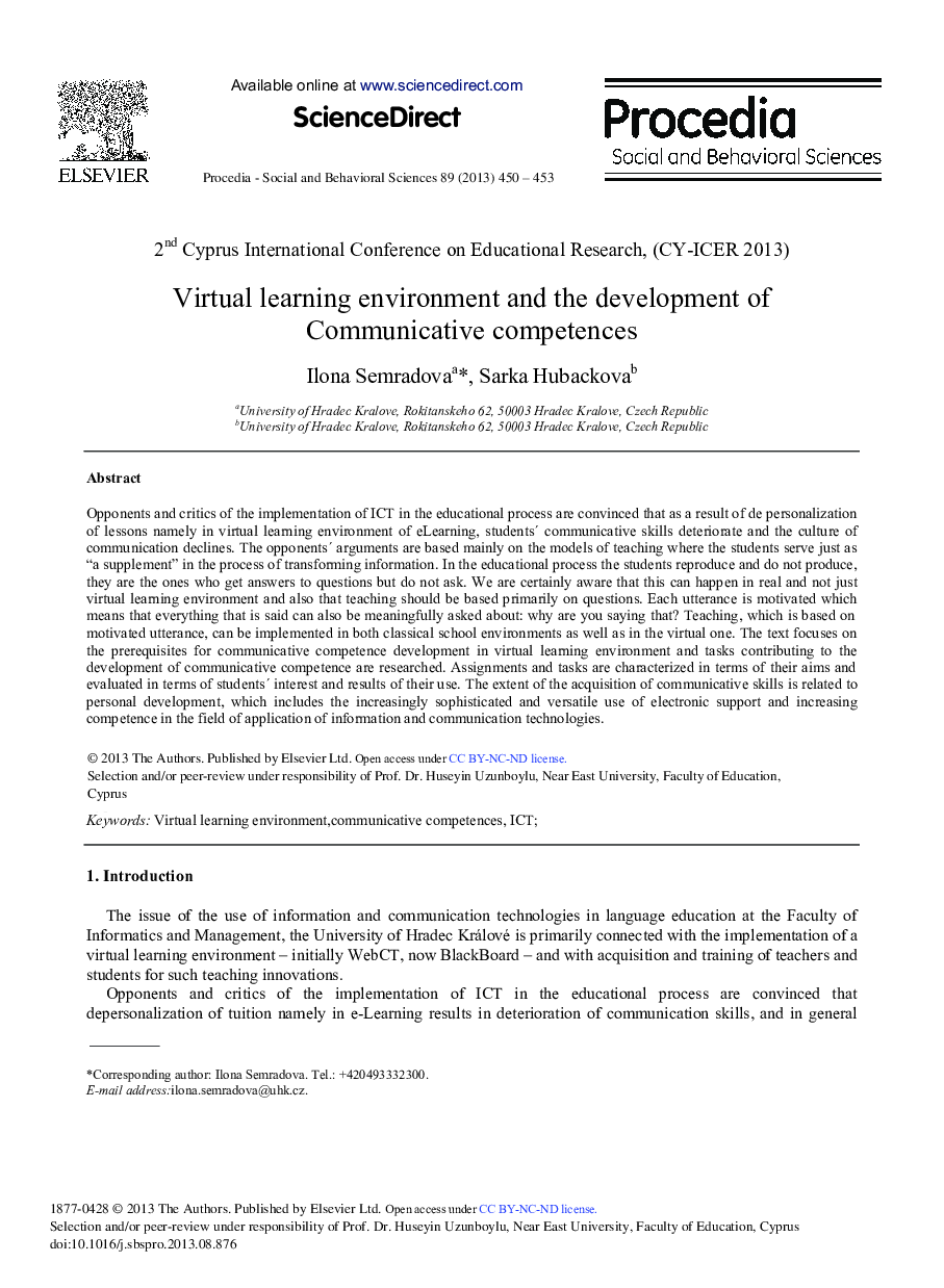 Virtual Learning Environment and the Development of Communicative Competences 
