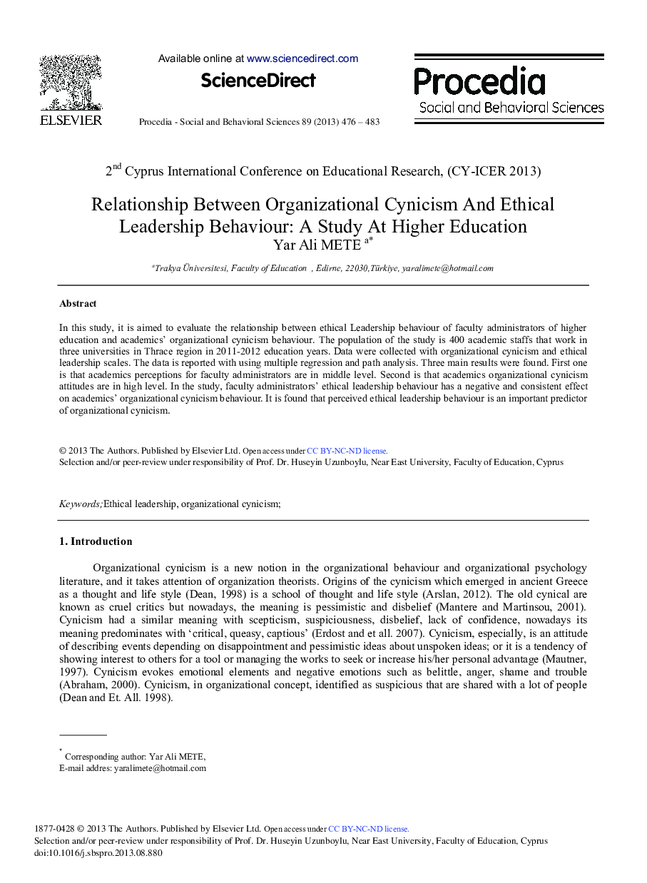 Relationship between Organizational Cynicism and Ethical Leadership Behaviour: A Study at Higher Education 