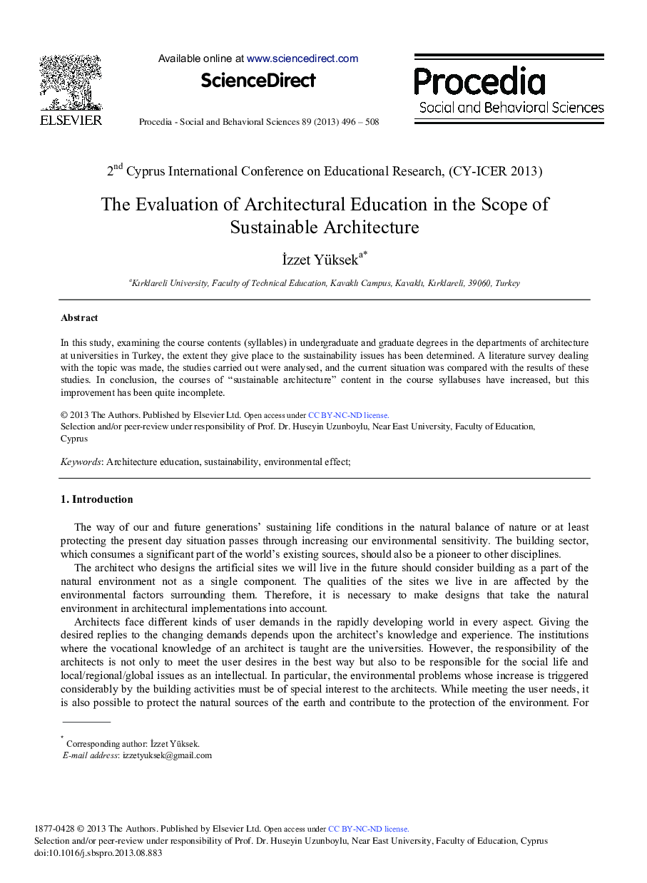 The Evaluation of Architectural Education in the Scope of Sustainable Architecture 