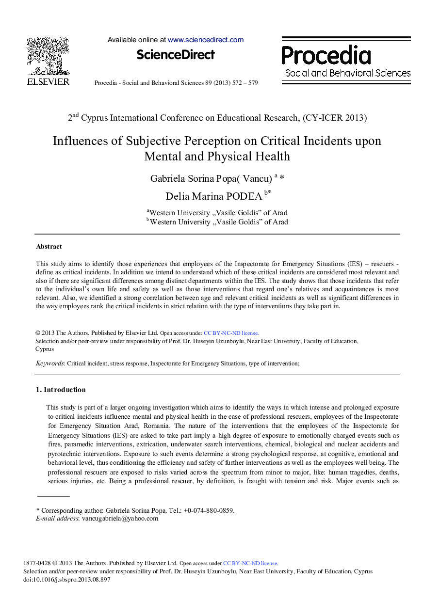Influences of Subjective Perception on Critical Incidents upon Mental and Physical Health 