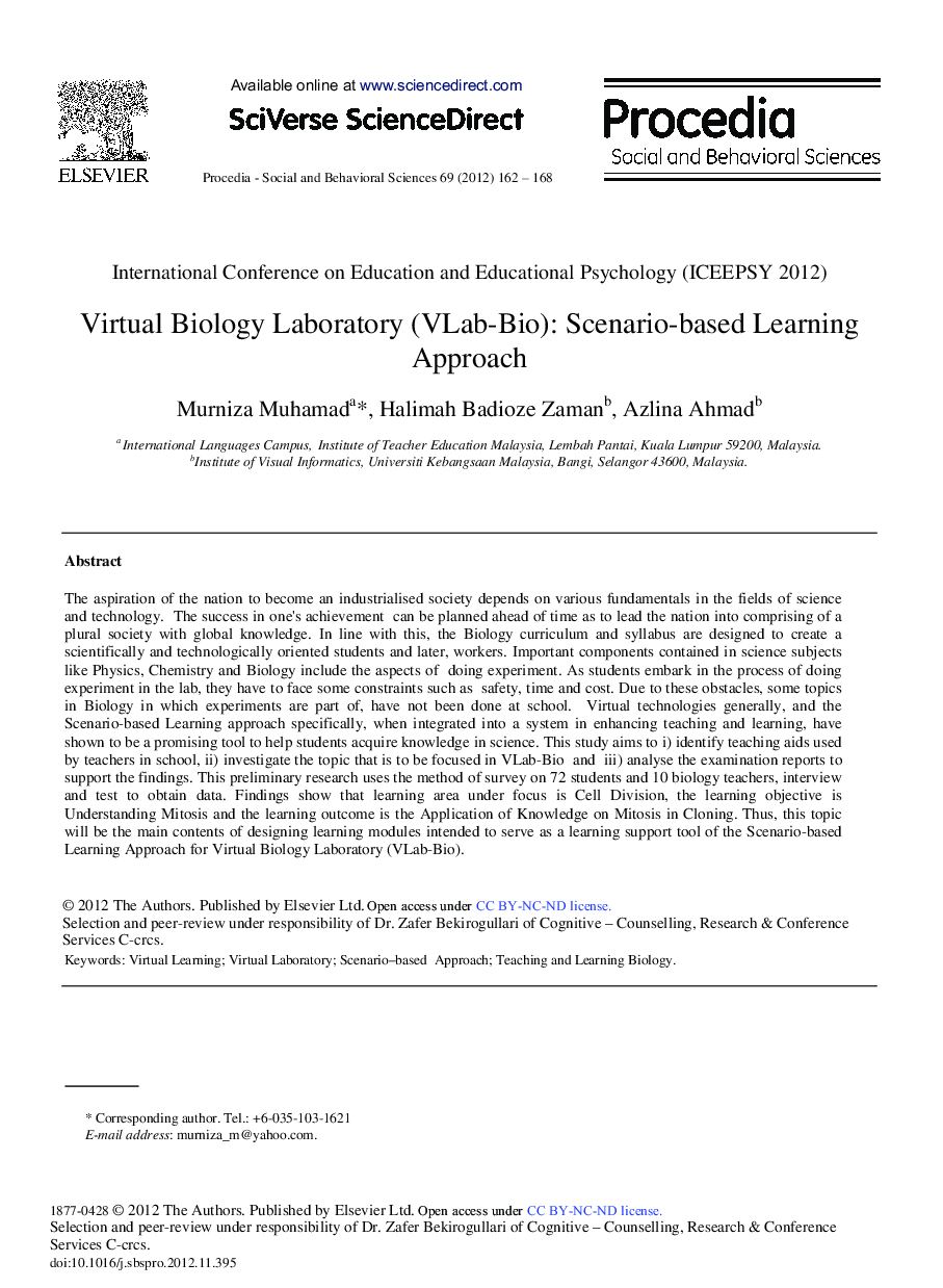 Virtual Biology Laboratory (VLab-Bio): Scenario-Based Learning Approach