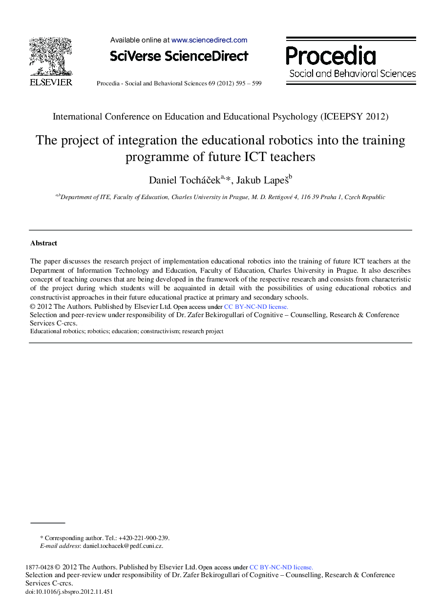 The Project of Integration the Educational Robotics into the Training Programme of Future ICT Teachers 