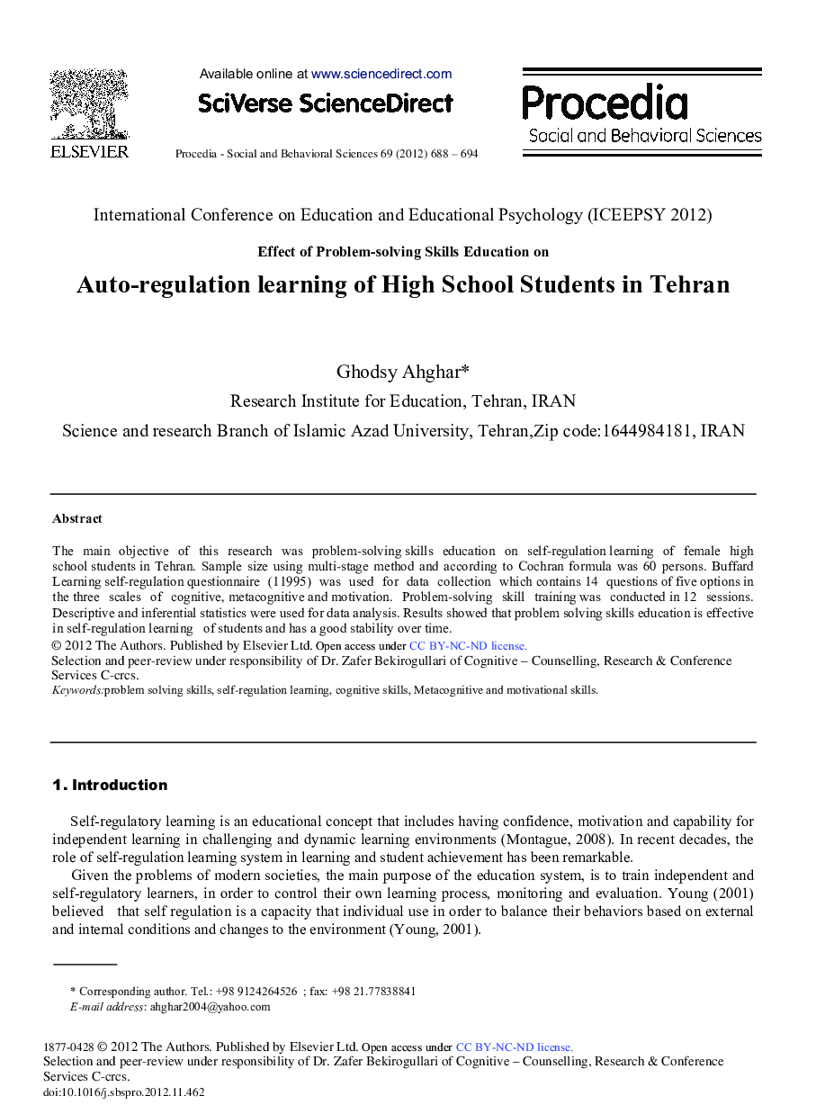 Effect of Problem-solving Skills Education on Auto-Regulation Learning of High School Students in Tehran 