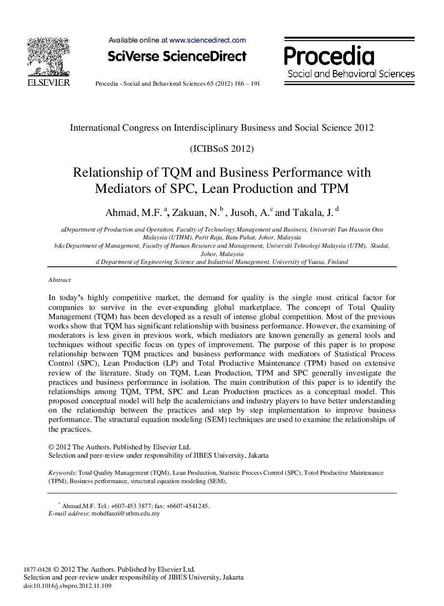 Relationship of TQM and Business Performance with Mediators of SPC, Lean Production and TPM