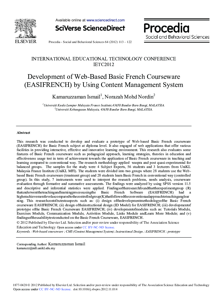 Development of Web-Based Basic French Courseware (EASIFRENCH) by using Content Management System