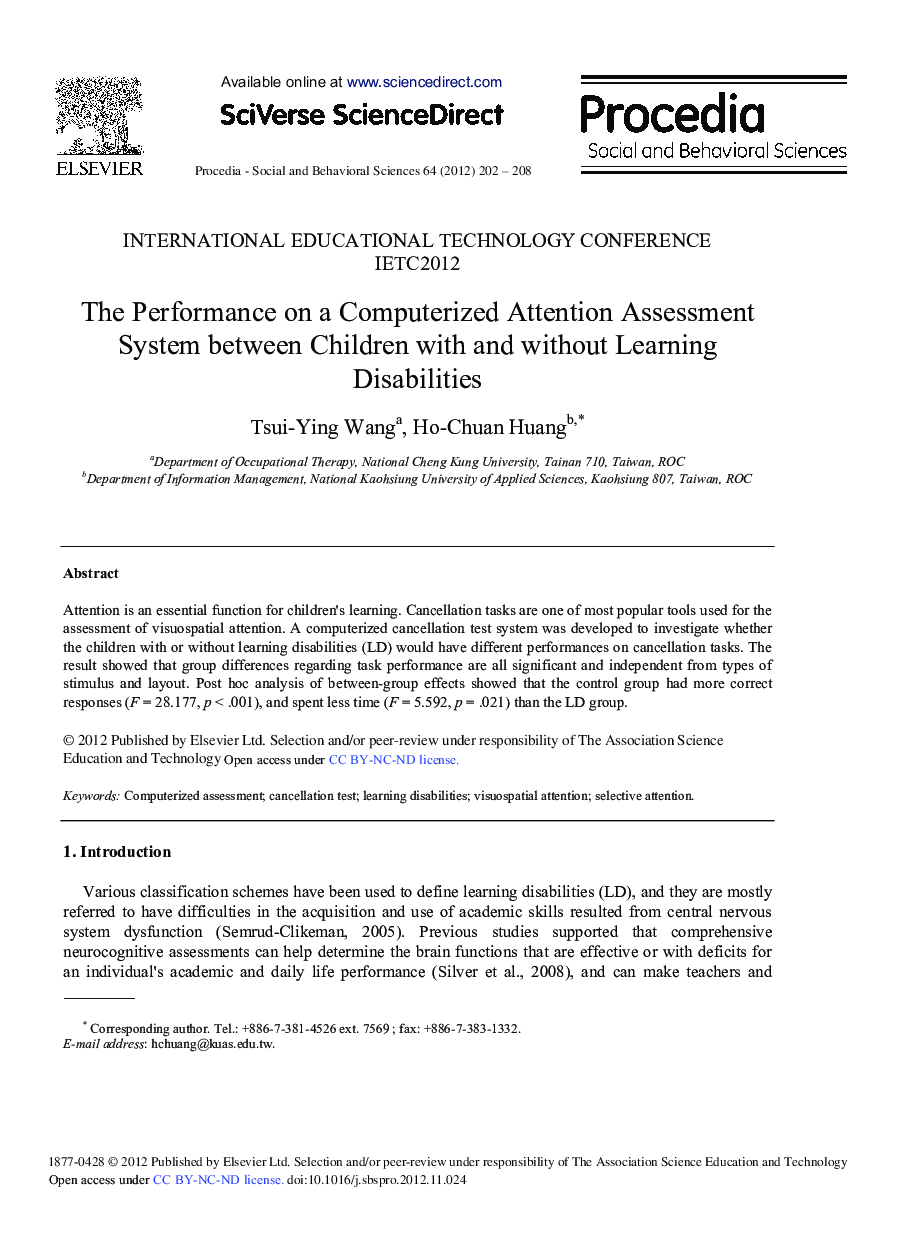 The Performance on a Computerized Attention Assessment System between Children with and without Learning Disabilities