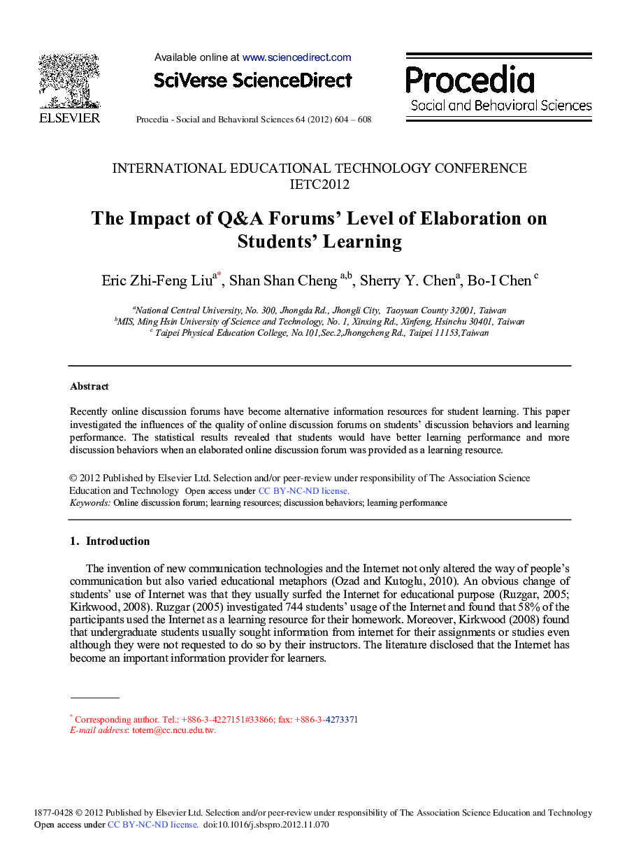 The Impact of Q&A Forums’ Level of Elaboration on Students’ Learning