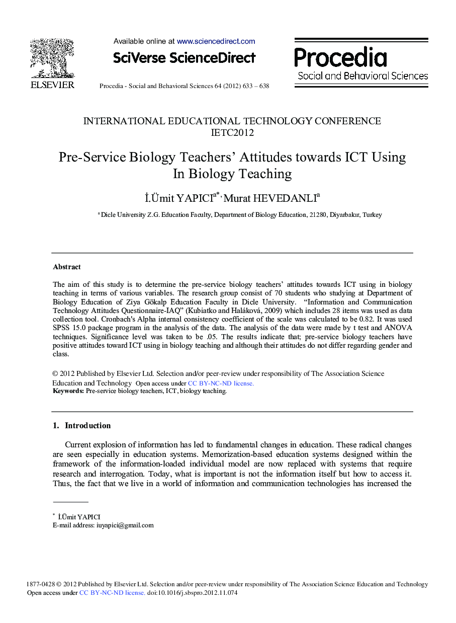 Pre-Service Biology Teachers’ Attitudes towards ICT using in Biology Teaching