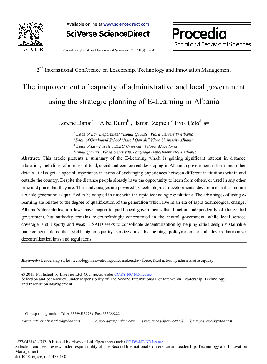 The Improvement of Capacity of Administrative and Local Government Using the Strategic Planning of E-Learning in Albania 