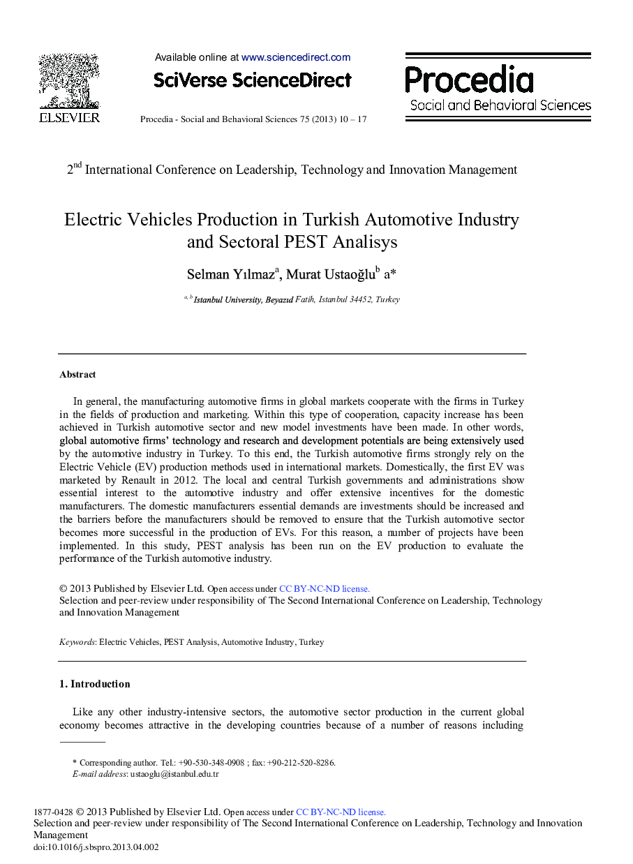 Electric Vehicles Production in Turkish Automotive Industry and Sectoral PEST Analisys 