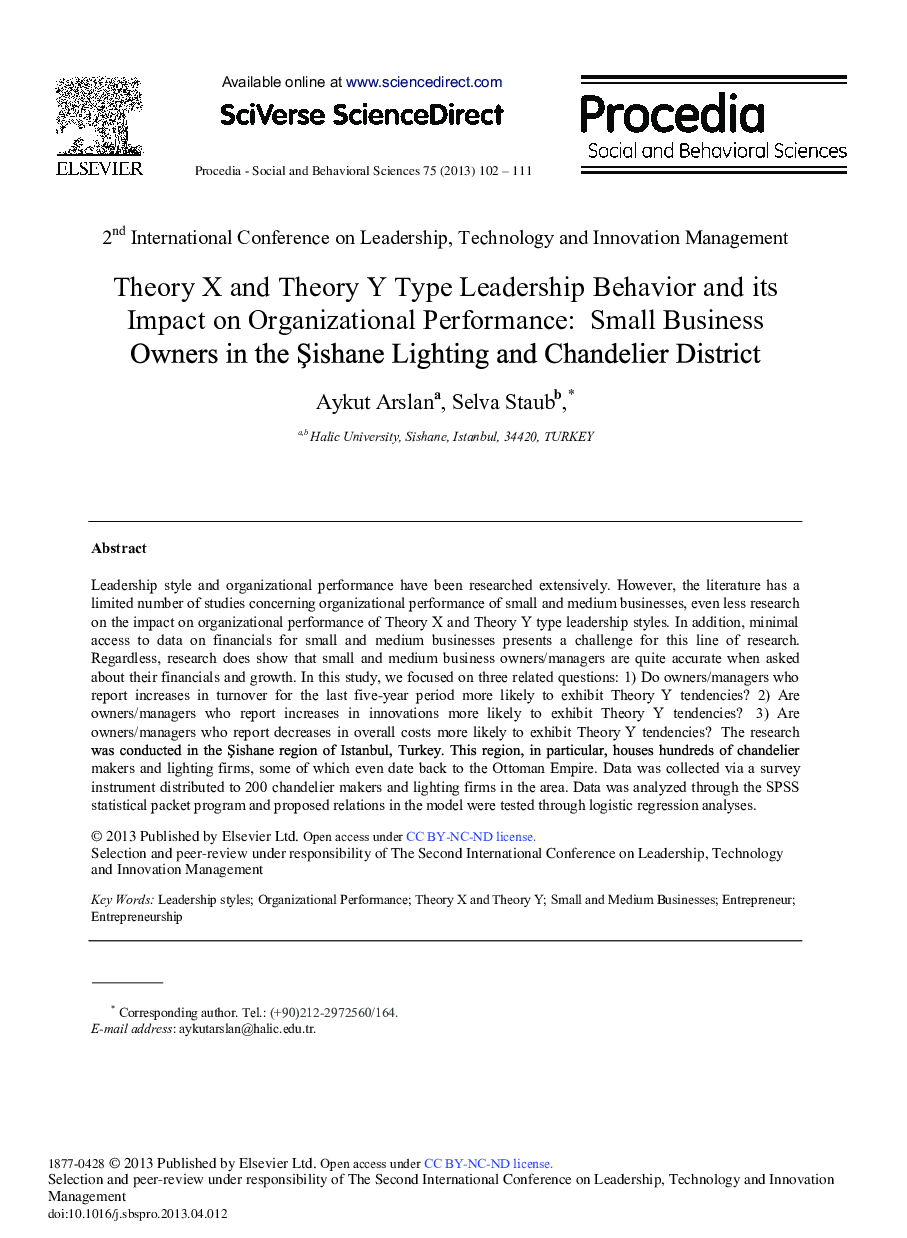 Theory X and Theory Y Type Leadership Behavior and its Impact on Organizational Performance: Small Business Owners in the Şishane Lighting and Chandelier District 