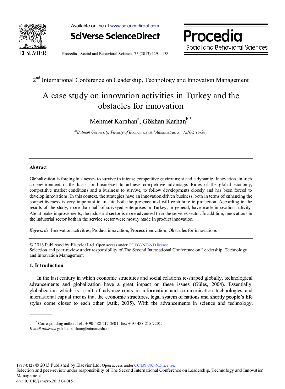 A Case Study on Innovation Activities in Turkey and the Obstacles for Innovation 