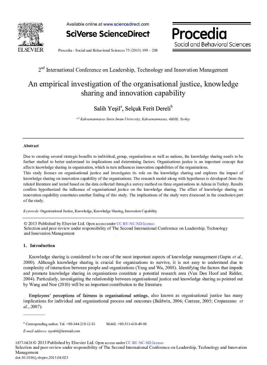 An Empirical Investigation of the Organisational Justice, Knowledge Sharing and Innovation Capability 
