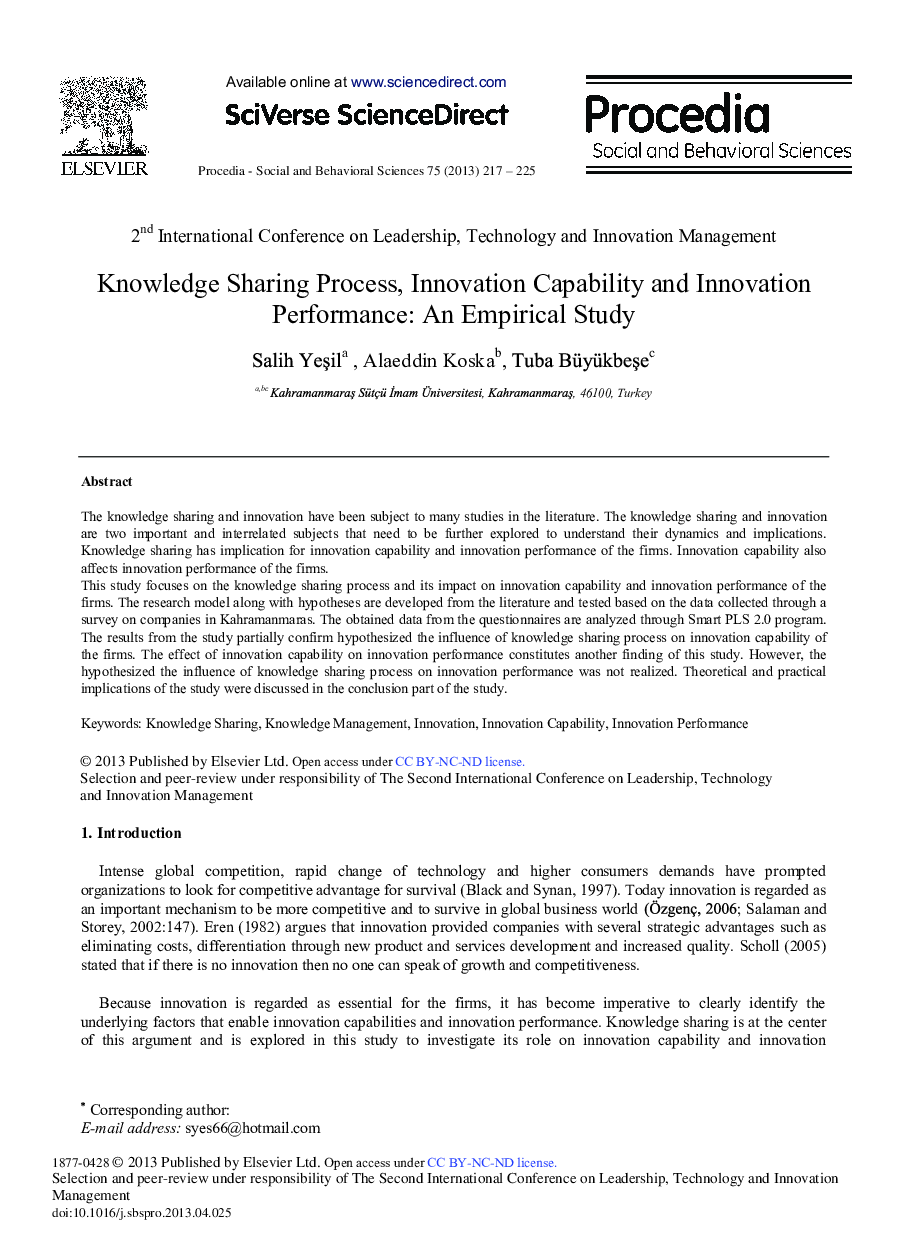 Knowledge Sharing Process, Innovation Capability and Innovation Performance: An Empirical Study 