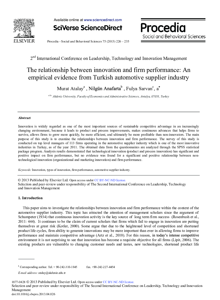 The Relationship between Innovation and Firm Performance: An Empirical Evidence from Turkish Automotive Supplier Industry 
