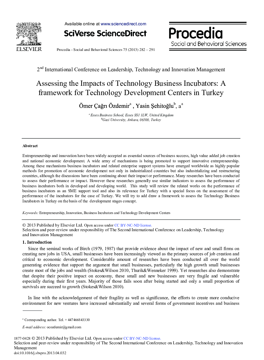 Assessing the Impacts of Technology Business Incubators: A framework for Technology Development Centers in Turkey 