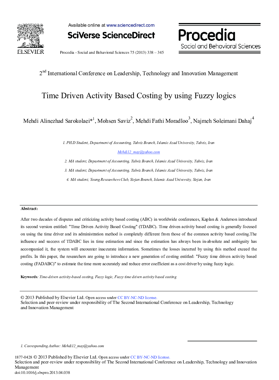 Time Driven Activity based Costing by Using Fuzzy Logics 