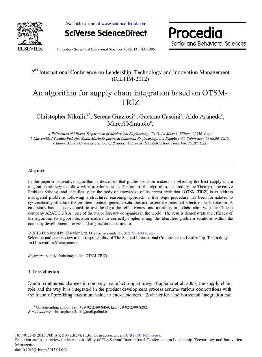 An Algorithm for Supply Chain Integration based on OTSM-TRIZ 