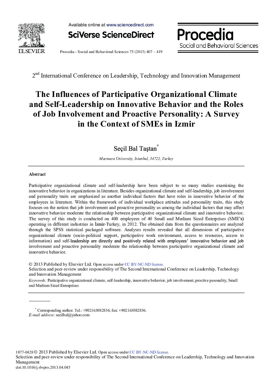 The Influences of Participative Organizational Climate and Self-Leadership on Innovative Behavior and the Roles of Job Involvement and Proactive Personality: A Survey in the Context of SMEs in Izmir 
