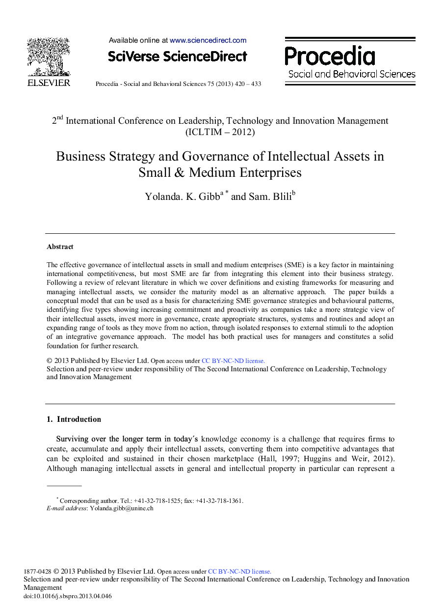 Business Strategy and Governance of Intellectual Assets in Small & Medium Enterprises 