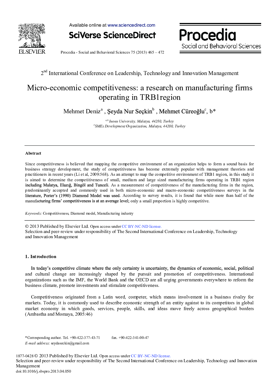 Micro-Economic Competitiveness: A Research on Manufacturing Firms Operating in TRB1region 