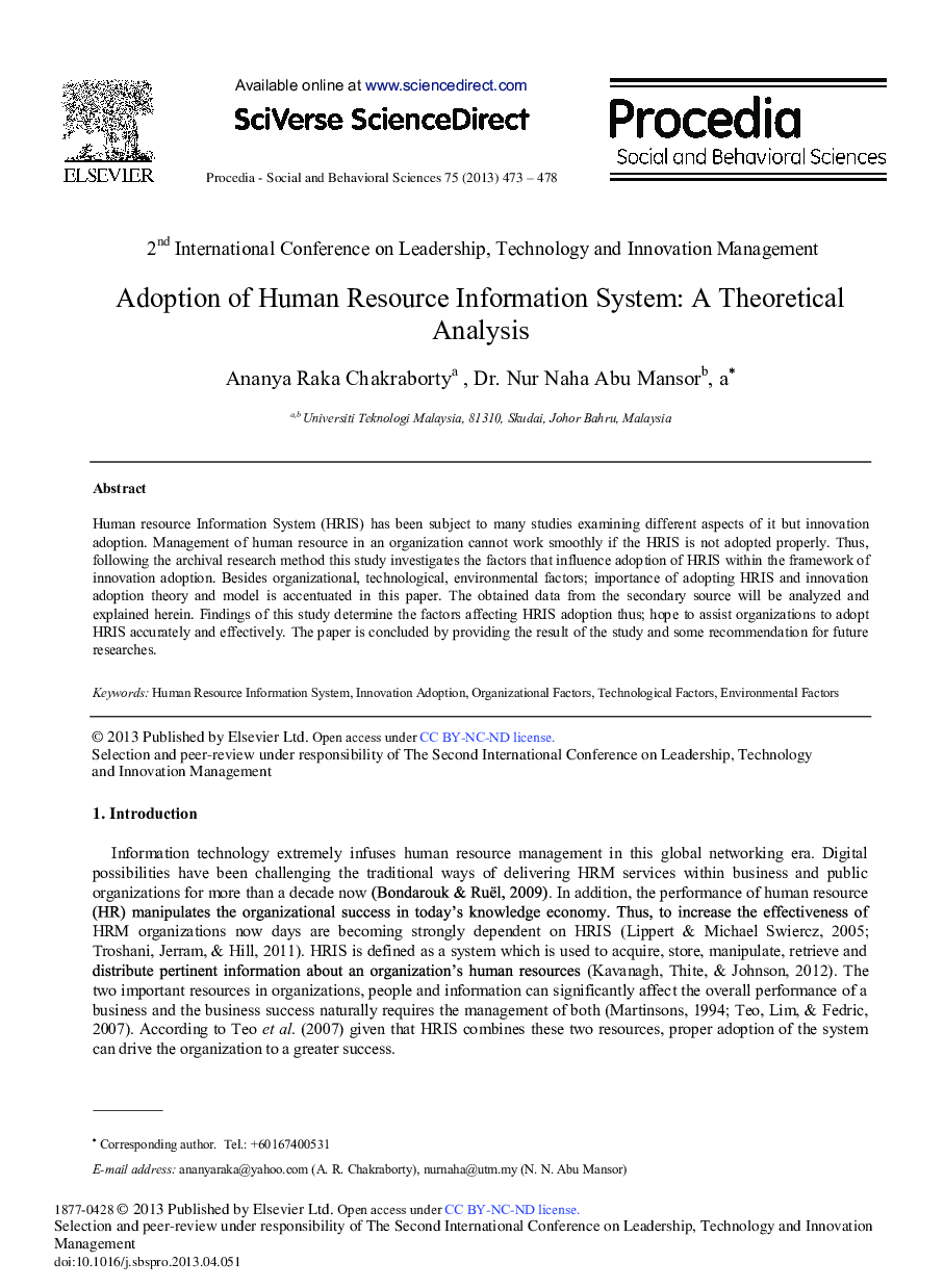 Adoption of Human Resource Information System: A Theoretical Analysis 