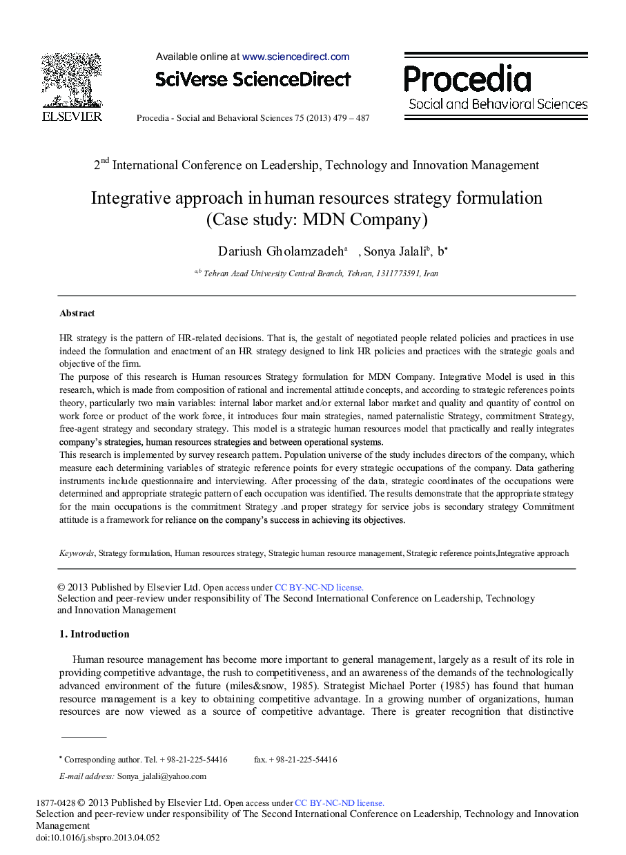 Integrative Approach in Human Resources Strategy Formulation (Case Study: MDN Company) 