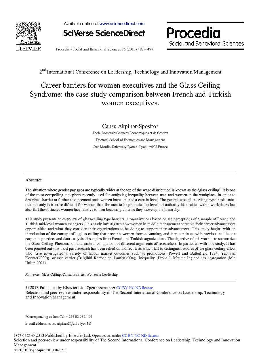 Career Barriers for Women Executives and the Glass Ceiling Syndrome: The Case Study Comparison between French and Turkish Women Executives 