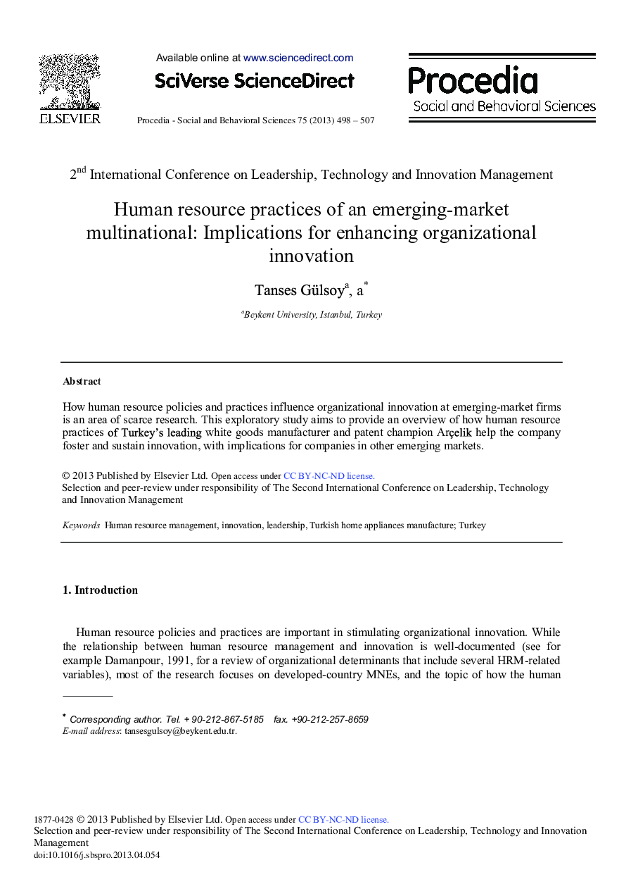 Human Resource Practices of an Emerging-Market Multinational: Implications For Enhancing Organizational Innovation 