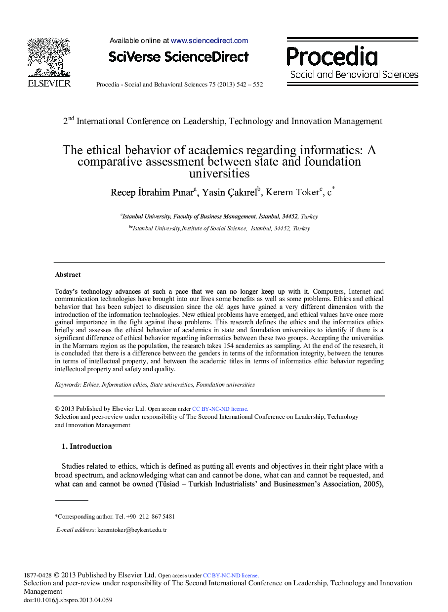 The Ethical Behavior of Academics Regarding Informatics: A Comparative Assessment between State and Foundation Universities 