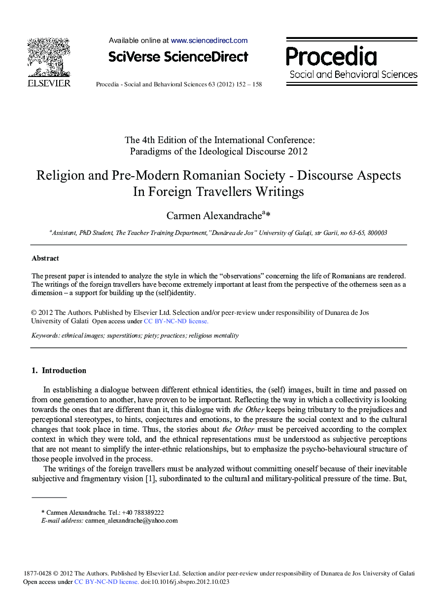 Religion and Pre-Modern Romanian Society-Discourse Aspects in Foreign Travellers Writings
