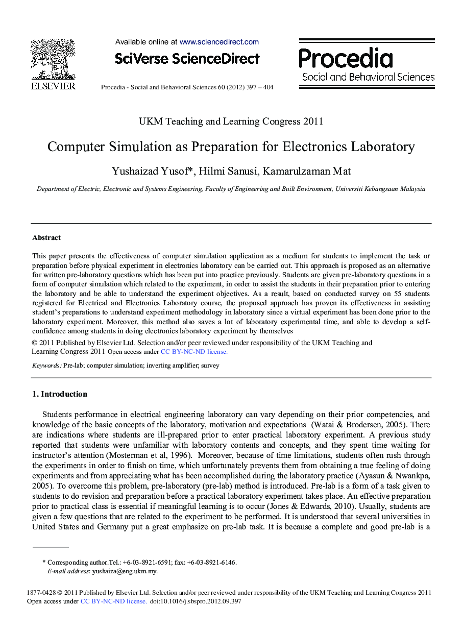 Computer Simulation as Preparation for Electronics Laboratory